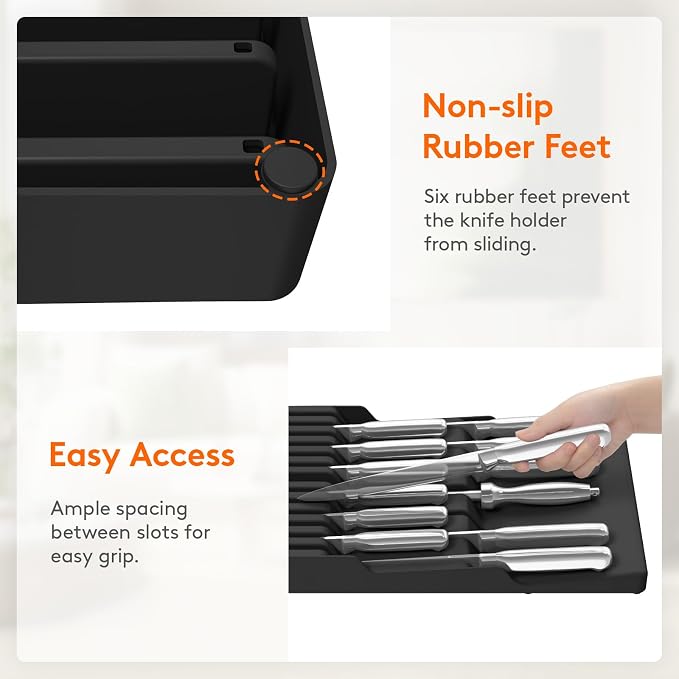 Lifewit Magnetic Drawer Knife Organizers Insert Pastic for 12 Knives, Black | Kitchen Plastic In Drawer Knife Block Slots, Steak Chefs Knives Holder Storage for 12 Knives and 1 Sharpening Steel 16.5" - Image 6