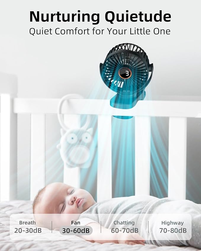 buywoo Portable Mini Personal Fan, Small Rechargeable Battery Powered Stroller Fan for Desk, Strong Clamp Grip, 360° Rotation, 3-Speed, LED Display, Clip On Cooler for Bed, Golf Cart, Office, Black - Image 5