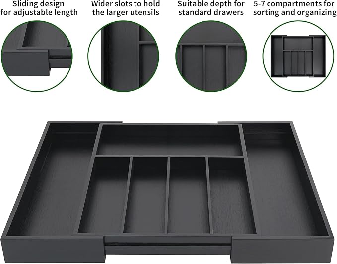 VaeFae Bamboo Drawer Organizer, Large, Black | Cutlery Drawer Holder, Drawer Divider for Silverware, Flatware，43 cm D x 32-55 cm W, 5-7 Slots, Black - Image 4