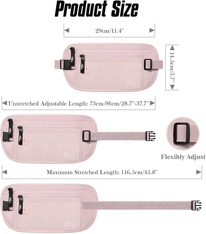 MoKo Travel Money Belt with RFID Blocking, 3 Pockets, Pink | Slim 210D water-resistant nylon design fits discreetly under clothing; adjustable strap fits 28-50 in waists - Image 6