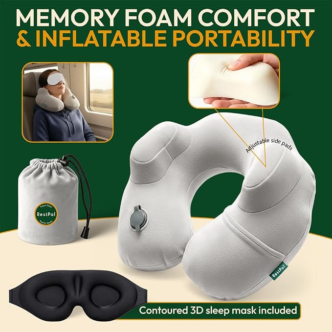 Inflatable Travel Neck Pillow with Adjustable Memory Foam Sides | Lightweight, Soft & Portable Support (Light Gray, Standard) - Image 3