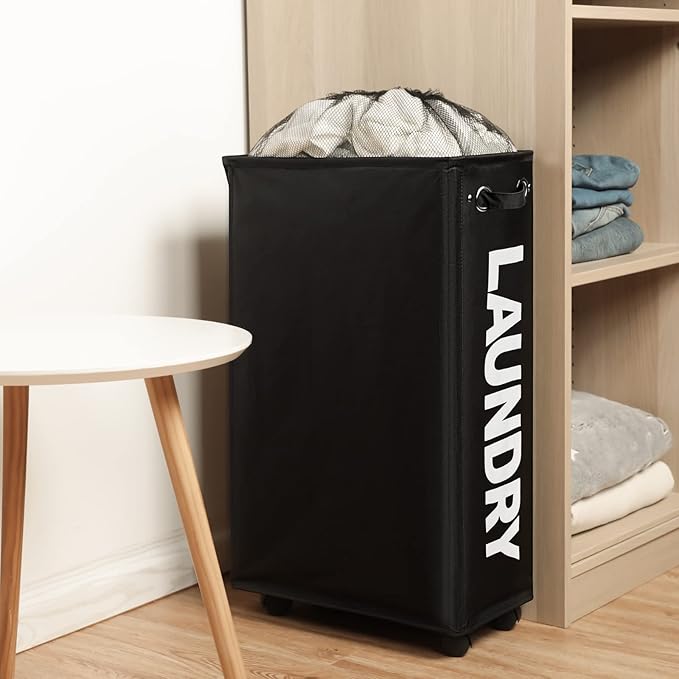 DOKEHOM 29" Enlarged Slim Rolling Laundry Basket Hamper on Wheels, Black | Collapsible tall laundry hamper with removable mesh wash bag. Foldable narrow corner clothes storage bin for small spaces - Image 7