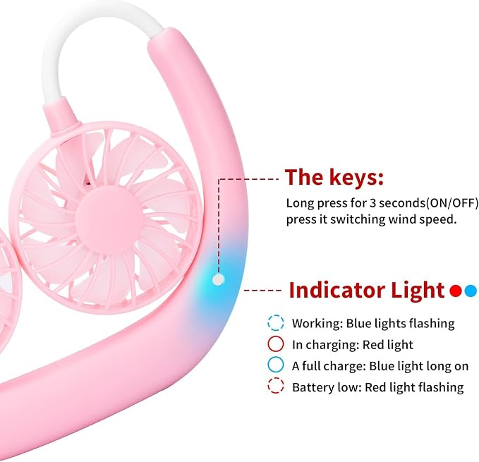 JUANANIUG Portable Neck Fan Rechargeable Personal HandFree Fan Mini USB Wearable Neckband Sport Fan 3 Speed Adjustable 360 Degrees Rotation Perfect for Working Traveling Office Reading (Pink) - Image 7