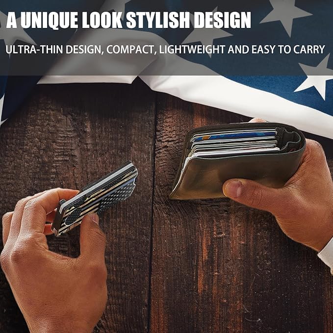 Wood Grain Blue Line American Flag Minimalist Wallet for Men | Slim RFID Aluminum Metal Wallet, Scratch Resistant & Seamless, Credit Card Holder & Money Clip, Gift for Police Officer - Image 6
