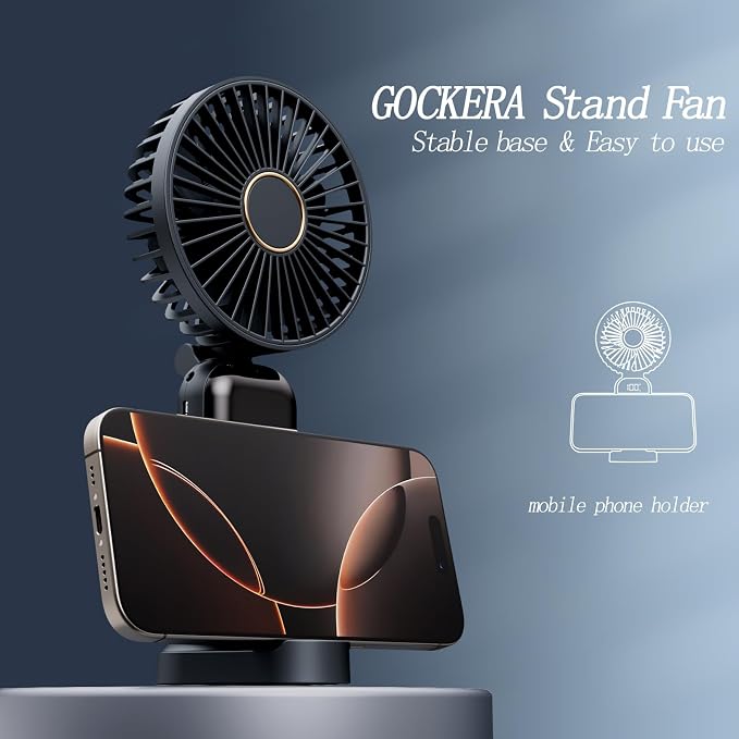 GOCKERA Portable Fan, 4200mAh Battery Operated Fan, 5 Speeds&Digital Display, Makeup Fans for Women with Base, 180°Foldable 3in1 Handheld/Neck/Desk Fan for Outdoor Indoor,Ultra Quiet (Black) - Image 5
