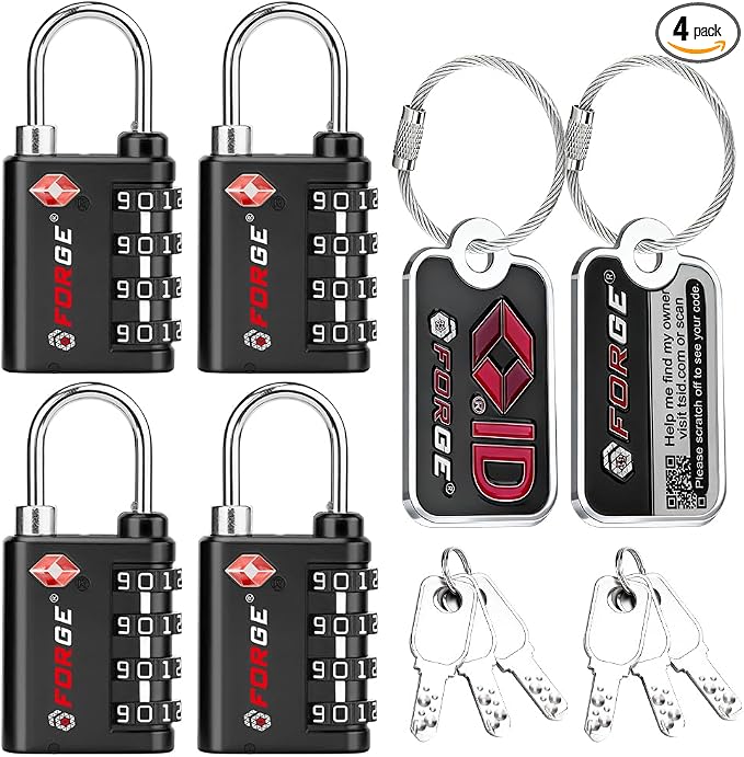 Forge Dual-Opening: Key or Combination Lock, TSA Approved Lock for Luggage, Pelican case, Travel, Gym, School, Luggage Combination Lock, Travel Bag Lock (Black 4 Locks and 2 ID) by Forge