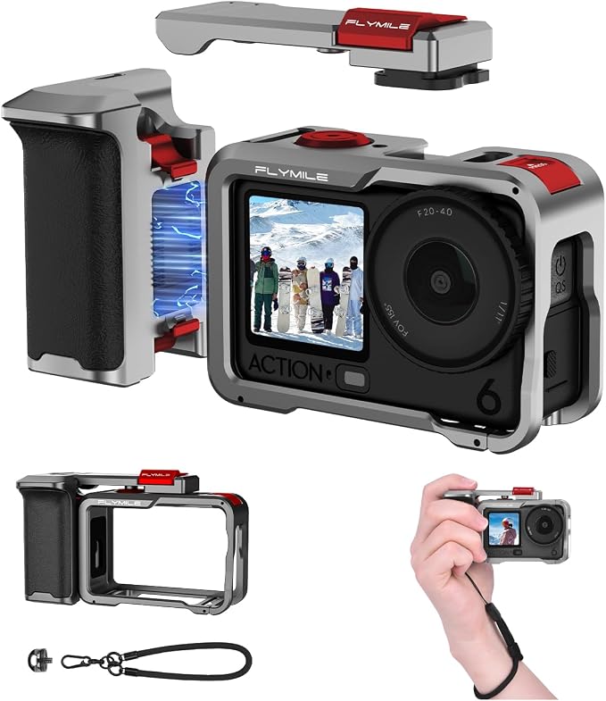 Action 6 Grip Kit (with Metal Cage), Aluminum Alloy Camera Handle Bundle Expansion Mount with Shutter Button, Quick Release, Cold Shoe, 1/4" Threaded Hole for DJI Osmo Action 6 Accessories by Flymile