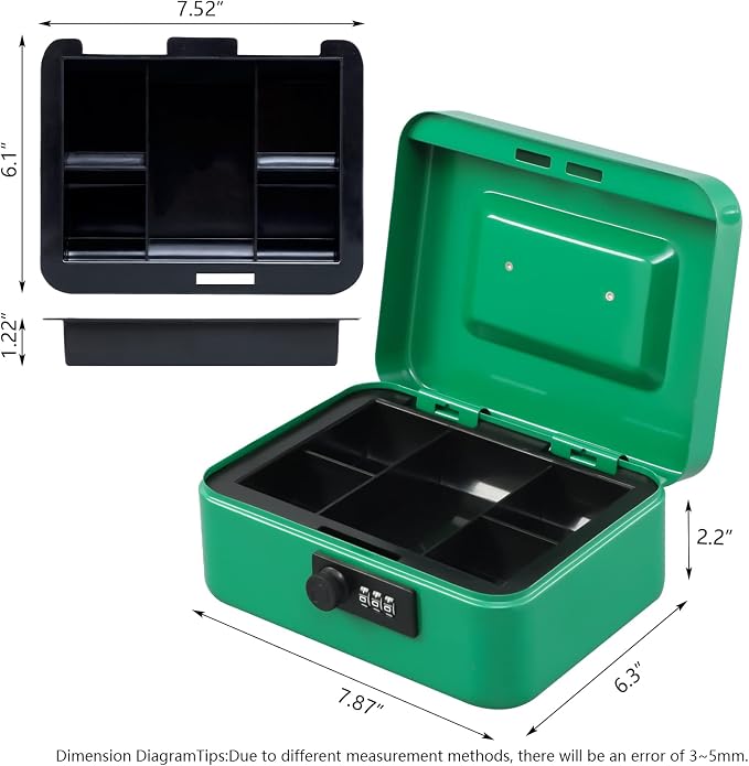 KYODOLED Cash Box with Combination Lock,Safe Metal Box for Money,Storage Lock Box with Money Tray,7.87"x 6.30"x 3.54" Green Medium - Image 5