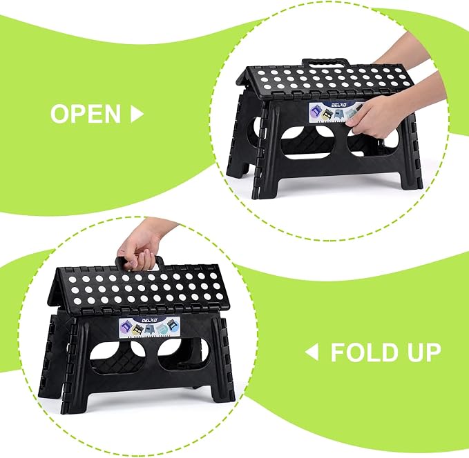 Delxo Folding Step Stool 9 inch,300Lbs Extra Wide Step Stool for Kids | Foldable Step Stool,15-Inch Extra Wide Non-Slip Foot Stools with Handle,Lightweight for Kitchen,Bathroom,Bedroom,Garden Black - Image 8