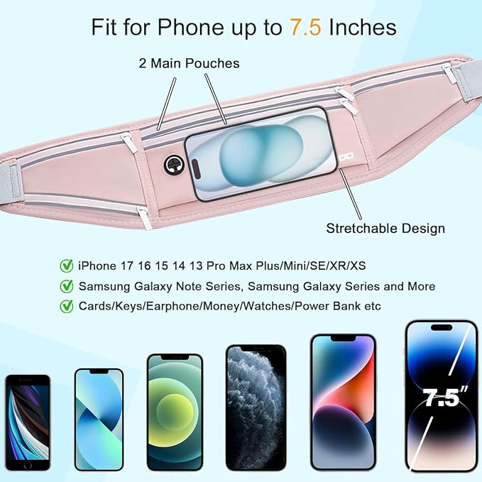 Hydration Waist Pack for Women Men for Running Outdoor, Pink | Slim Running Belt with Water Bottle Holder, 4 Pocket Large Capacity, Lightweight & Reflective, Fanny Pack for iPhone Samsung - Image 4