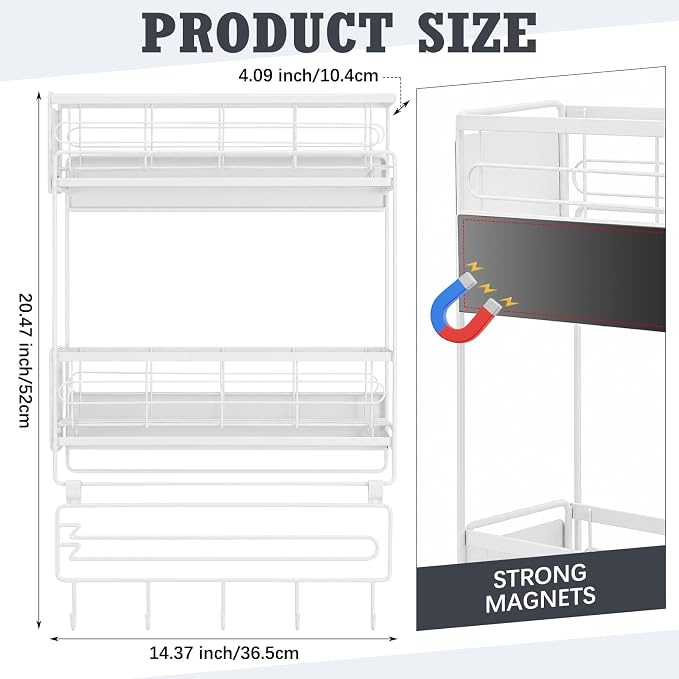 Vercraft 3 Tier Magnetic Dorm Fridge Organizer Heavy Duty 66lbs over Dorm Fridge Shelf Essentials Paper Towel Holder with Sliding Basket Hook Side of Fridges Storage Rack Space Saving Kitchen(White) - Image 2