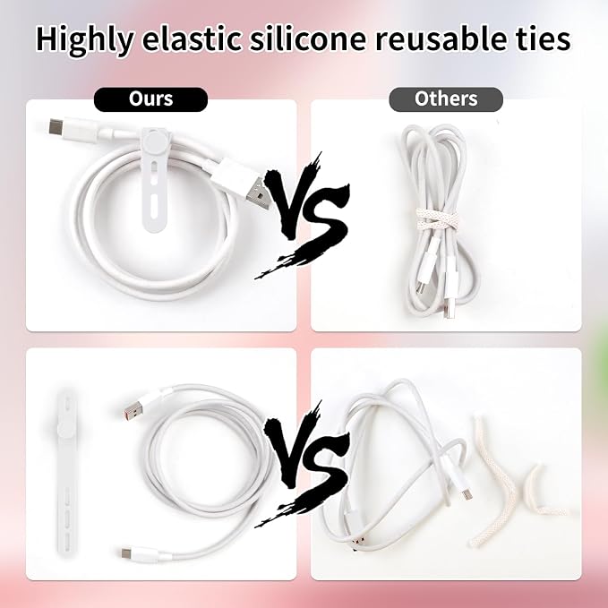 Oligei 25 Pcs Silicone Cable Ties, Cable Ties Reusable, High Elasticity Cord Wraps for Electrical Cords, Cord Organizer for Earphone, Phone Charger(White) - Image 4