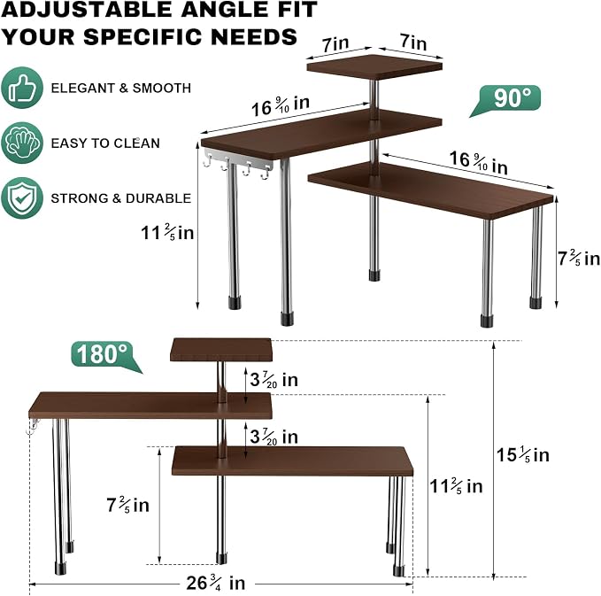 ZHWS Bathroom Counter Organizer for MakeUps, Dresser Table, Kitchen Countertop Organizer Adjustable 3 Tier Corner Shelf with 4 Metal Hooks for Coffee Bar, Spice Rack, Over Sink - Image 2