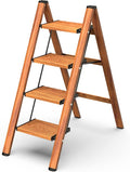 4 Step Ladder, Folding Step Stool with Anti-Slip Wide Pedal | Lightweight, Aluminum Material, 330LBS Load, Portable, Easy Storage, Space Saving, for Kitchen, Bedroom Use, Woodgrain by GameGem