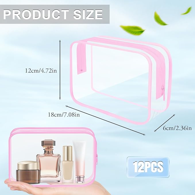 REHALY Clear Toiletry Bag, 12 Pack TSA Approved Toiletry Bag Carry on Travel Accessories Bag, Quart Size Bag for 3-1-1 Liquids Airport Airline Compliant Clear Makeup Bag with Metal Zipper (Pink Bags) - Image 3