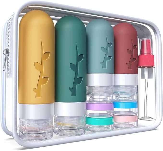 DEPOZA Travel Bottles Kit (16 Pack) - TSA Approved, Leak Proof Silicone Squeezable Containers for Toiletries. Complete Set with Jars, Sprayers & Bag (Wine Red) by TravelingisaspiritualpracticeDepozawillaccompanyyouonyourspiritualpath
