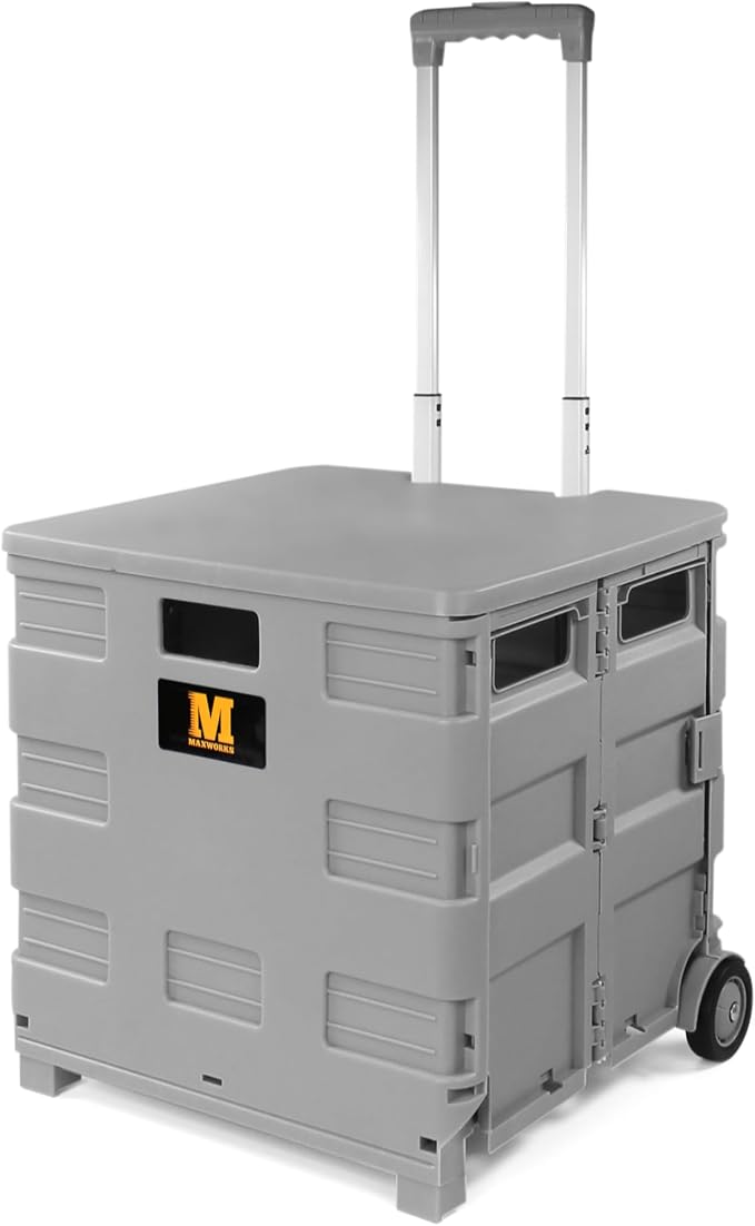MaxWorks Collapsible Rolling Utility Cart with Lid 80 lb Capacity Folding Dolly with Telescoping Handle Heavy Duty Plastic Crate on Wheels for Shopping Office and Teachers (50876) by MaxWorks