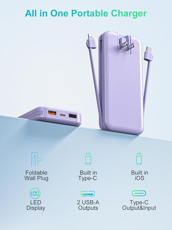 citicr Portable Charger 10000mAh PD20W w/Built-in Cables & Wall Plug Purple | Fast charging, Built-in wall plug, LED display, Charge 5 devices at once, Pass through charging, TSA approved, Pocket size - Image 9