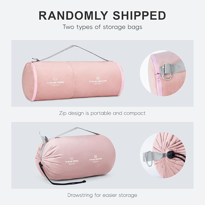 urnexttour Travel Pillow and Blanket Set Neck Pillow Airplane Memory Pink | 43x60 Inch Plane Blanket, Traveling Compact Storage Bag, Eye Mask, and Earplugs for Ultimate Flight Comfort, Women and Men - Image 2