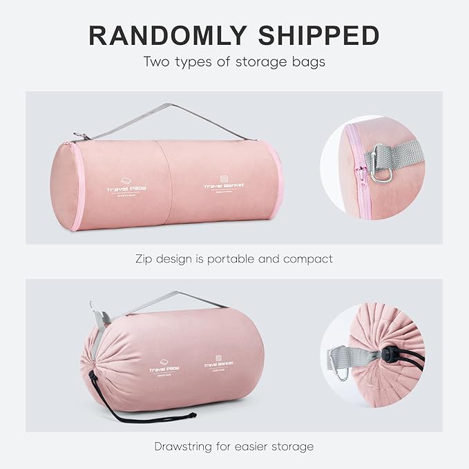 urnexttour Travel Pillow and Blanket Set Neck Pillow Airplane Foam Pink | 43x60 Inch Plane Blanket, Traveling Compact Storage Bag, Eye Mask, and Earplugs for Ultimate Flight Comfort, Women and Men - Image 2