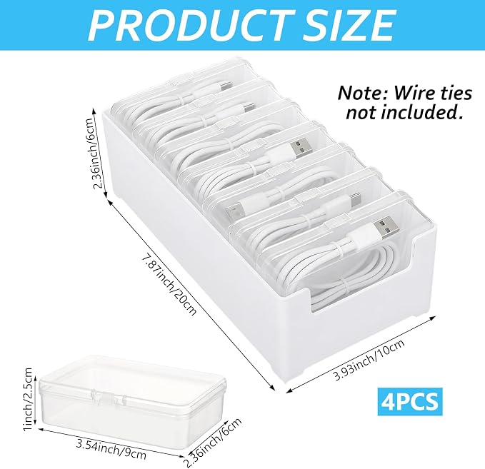 4 Set Cable Organizer Box with 28 Clear Switch Case Power Cord Organizer Desktop Cable Management Box Desktop Charger Cord Storage Organizer Box for Office Home Desk Accessories Stationery Supplies - Image 2