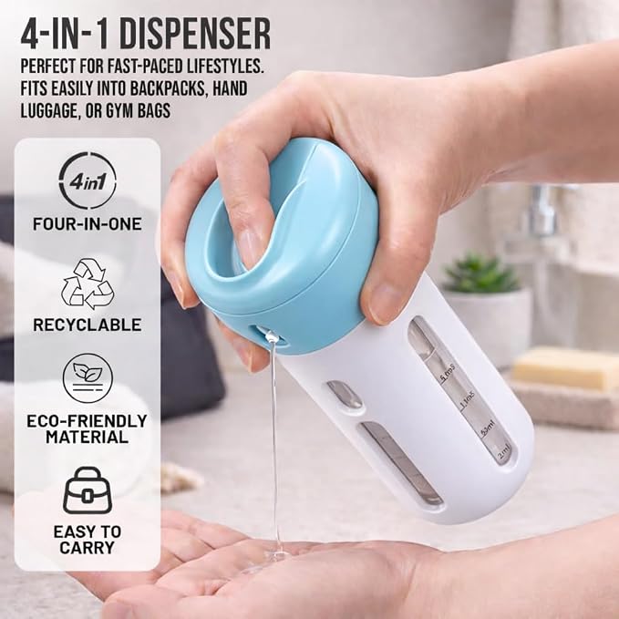 Travigo 4-in-1 Travel Dispenser Bottle, TSA Approved, Leak Proof, Four Reusable 1.4 oz. (40 mL) Toiletry Containers for Shampoo, Conditioner, Soap, Lotion, Skincare (Blue) - Image 2