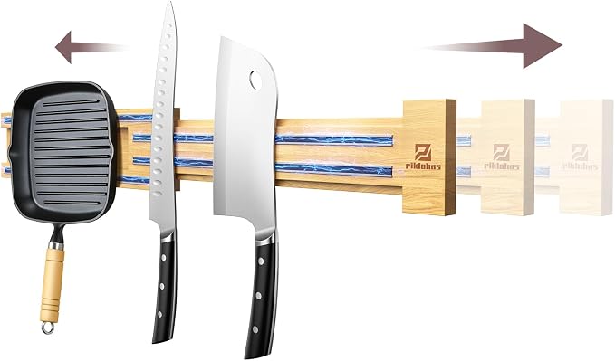 Extendable Magnetic Knife Holder for Wall, 16-32 Inch Adjustable | Rubber Wood Knife Block, Kitchen Utensil Holder, Magnetic Tool Holder, Double Magnetic Strips, 4 Hooks Included, Ideal Gift by Piklohas