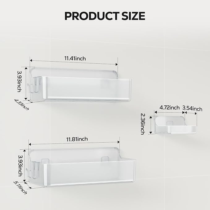 Nieifi Adhesive Shower Shelves, Clear, 3 Pieces | Rustproof ABS, Large Capacity, Removable Design, Easy-Clean, No Drilling Shower Organizer for Bathroom Storage & Home Decor - Image 2
