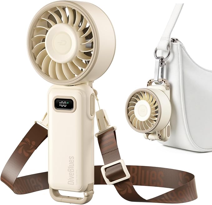 Diveblues Portable Handheld Fan D6036 Cream | 7.4m/s High Speed Turbo, 180° Foldable 4-in-1, Personal Neck Fan with Carabiner Clip, 100 Speed Stepless Control by Diveblues