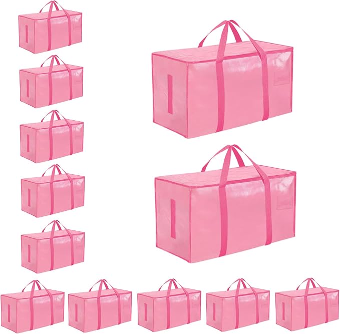 12 Pack-Extra Large Heavy Duty Moving Bags - Waterproof Storage Totes with Handles & Zippers, Foldable for College Dorm, Storage (Pink) by Unknown