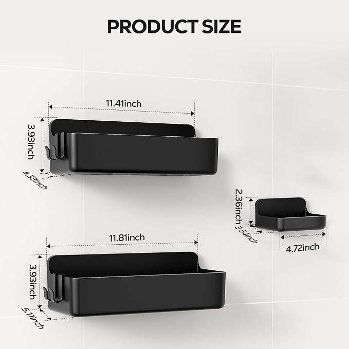 Nieifi Adhesive Shower Shelves, Black, 3 Pieces | Rustproof ABS, Large Capacity, Removable Design, Easy-Clean, No Drilling Shower Organizer for Bathroom Storage & Home Decor - Image 2