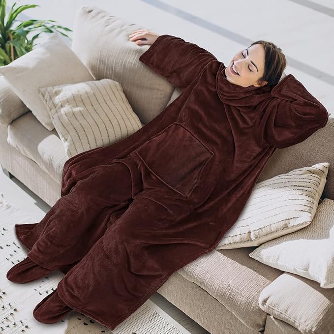 PAVILIA Fleece Blanket with Sleeves, Foot Pockets for Women Men Adults, Plush Wearable Blanket Throw Wrap, Warm Snuggle Blanket Robe, Cozy Gift Ideas Wife Mom, Brown - Image 3