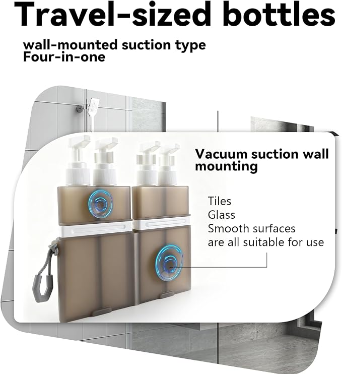 4 in 1 Travel Dispenser，Unbreakable Silicone Travel Dispenser Bottle, Vacuum Suction Wall Mounted Refillable Containers,Leakproof Toiletry Containers for Shampoo, Lotion, Baby Care-Grey. - Image 3