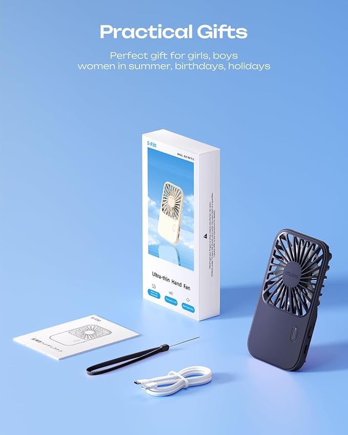 Otlonpe Rechargeable Mini Portable Handheld Fan, Small Personal Battery Powered Handheld Portable Fans for Hand Held Desktop Travel, Foldable Stand, Slim Cordless, Wrist Strap, 3-Speed (Blue) - Image 7