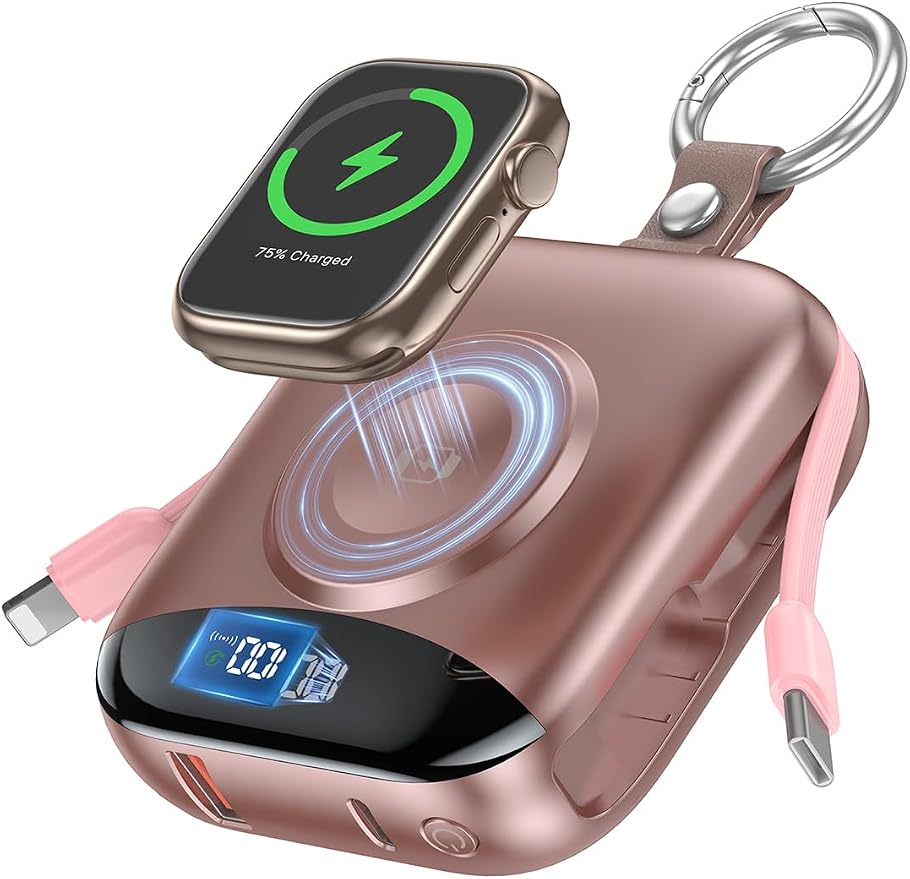 citicr Portable Charger 10000mAh w/Built-in Cables & iWatch Charger Rose | Fast charging, Built-in cables, LED display, Charge 5 devices at once, Ring buckle, TSA approved, Pocket size, Charge iWatch by CITICR