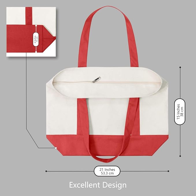 TOPDesign 3-Pack Canvas Tote Bags with an External Pocket, Reusable Grocery Shopping Bags, Top Zipper Closure, Daily Essentials (Red/Natural) - Image 5