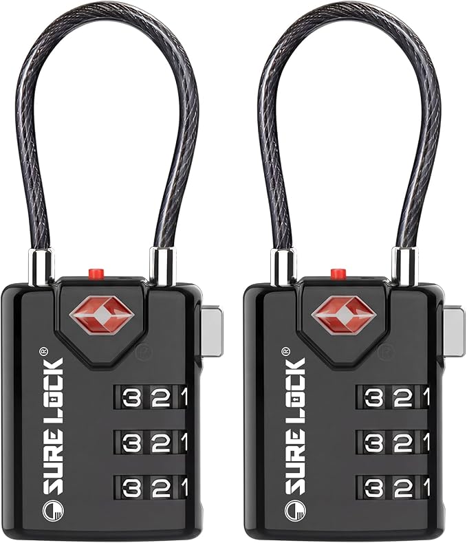 SURE LOCK TSA Approved Luggage Locks with Open Alert Indicator, 3 Digit Combination Cable Travel Lock for Suitcase, Backpack & Travel Bag, 2 Pack Black by Hopeyoucanstaysafe