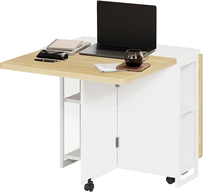 IDEALHOUSE FoldingTable, Drop Leaf Dining Table with 6 Wheels and 2-Layer Storage Shelf, Space Saving Table for Small Spaces (Pear Wood Color and White, 50.1" D x 31.4" W x 29.5" H) by IDEALHOUSE
