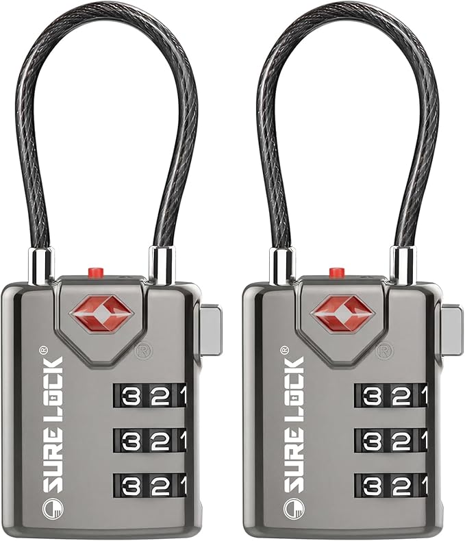 SURE LOCK TSA Approved Luggage Locks with Open Alert Indicator, 3 Digit Combination Cable Travel Lock for Suitcase, Backpack, Gym Locker, Toolbox & Travel Bag(Grey 2 Pack) by Hopeyoucanstaysafe