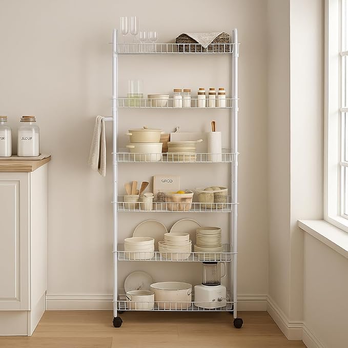 Slim Rolling Pantry Cart 6-Tier Shelf - Space-Saving Kitchen & Spice Rack on Wheels, 6" Deep, White Metal - Image 5