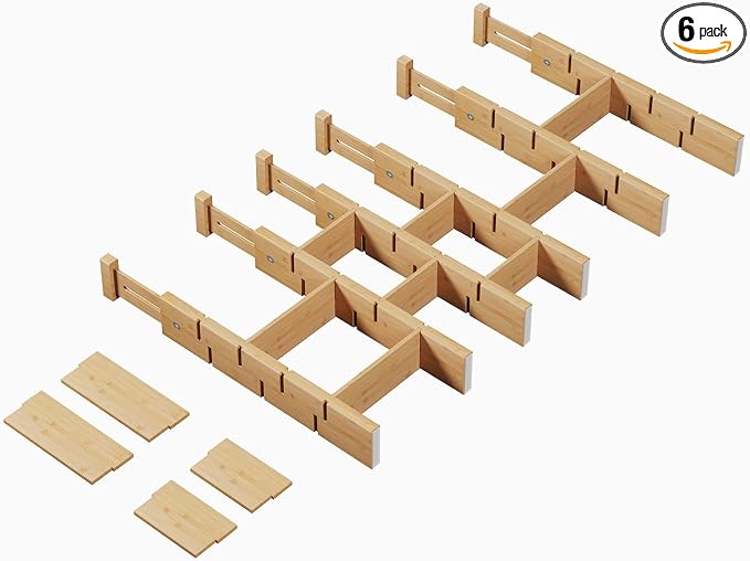 Bamboo Drawer Dividers 6 Pack with Inserts, Kitchen Adjustable Drawer Organizers for Home, Bedroom, Dresser, Expandable Organization 6 Dividers with 12 Inserts by FILWH