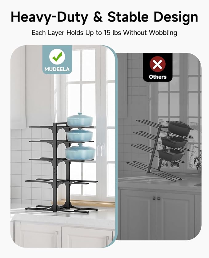 MUDEELA 10-Tier Pots and Pans Organizer Rack, 23.62" H for Cast-iron Pans | Adjustable heavy-duty pot rack, Holds big stockpots, cookware & skillets, Fits under cabinet on countertops, Kitchen storage - Image 3