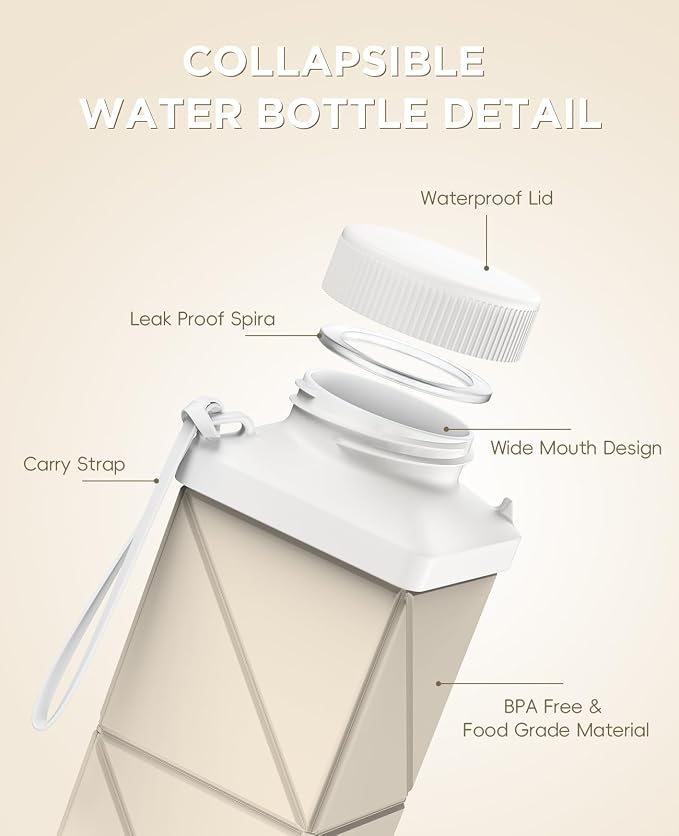 Collapsible Water Bottles 17.4oz(516ML), 2nd Generation Leakproof BPA-Free Travel Water Bottle,Lightweight Reusable Water bottle, Portable for Travel Cycling Gym Sports,Champagne White, 1 Pack - Image 3