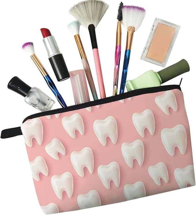 Livel lhood Pink Cartoon Teeth Small Makeup Zipper Bag | Pink Cartoon Teeth Printed Cosmetic Organizer Pouch, Pink Cartoon Teeth Gift for Women Friends - Image 4