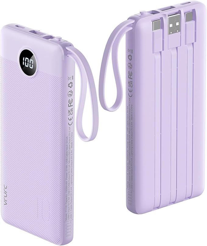VRURC Portable Charger Power Bank, USB C Battery Pack 10000mAh, Flight-Safe Travel Essentials, 5 Outputs 2 Inputs Slim Phone Charging Bank Built-in Cables for Multi Devices-Lavender(1 Pack) by Home