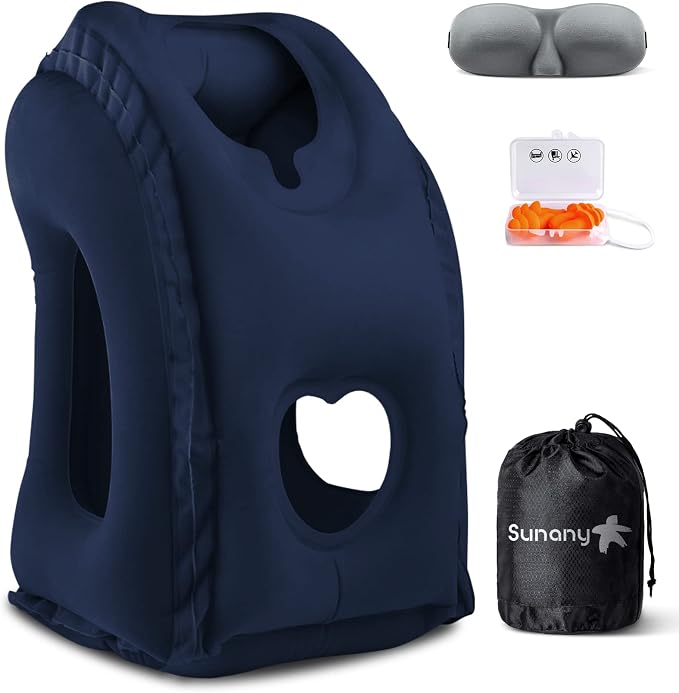 Sunany Travel Pillow, Inflatable Neck Pillow Used for Airplanes/Cars/Buses/Trains/Office Napping with Eye Mask/Earplugs (Blue) by Sunany