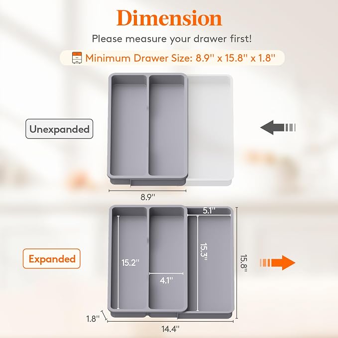 Lifewit Utensil Organizer for Kitchen Drawer, Expandable Cooking Tray | Adjustable Cutlery Flatware Holder, Plastic Silverware Spatula Tools Storage Divider, 8.9-14.4 x 15.8", Gray - Image 3