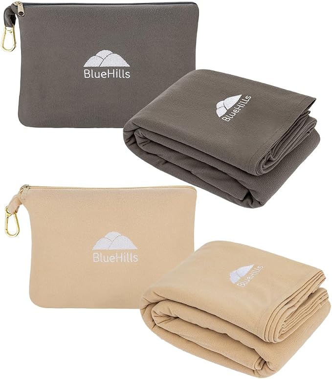 BlueHills Lightweight Travel Blanket Pillows Compact for Two Airplane Traveling Essentials Flight Throws in Bag case with Backpack Clip Compact Large Plane Accessories – Gray and Beige by BlueHills