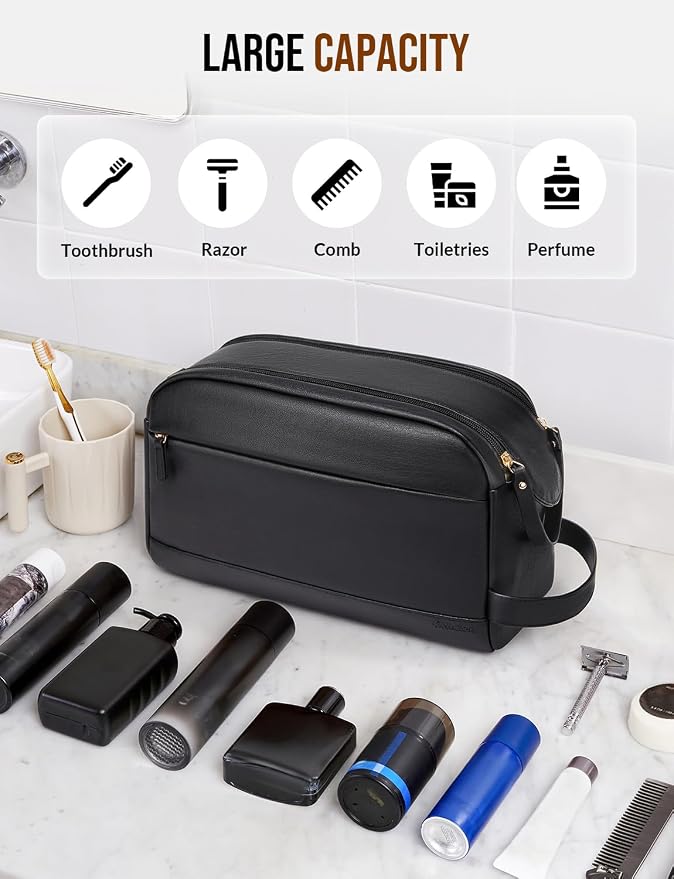 Large PU Leather Toiletry Bag for Men - Water Resistant Travel Bag for Toiletries, Bathroom Essentials, Accessories - Black - Image 4