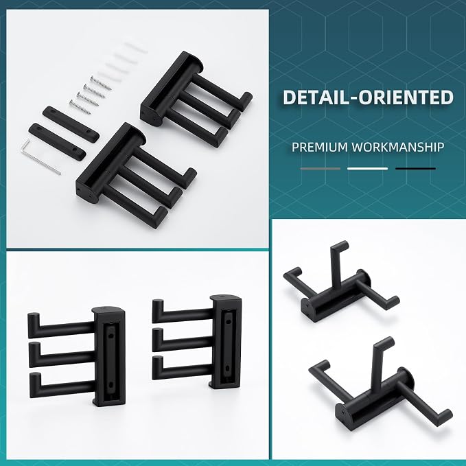 Angle Simple Swivel Towel Hooks for Bathrooms, 2 Pack Wall Hook Matte Black | Swing Foldable 3 Arms for Hand Towel Robe Coat, Solid 304 Stainless Steel, Space Saver for Kitchen Shower Closet, Wall Mount - Image 9